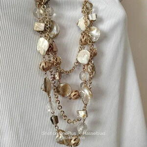 Mother of Pearl and Gold Tone Beads Multi Strand Adjustable Necklace